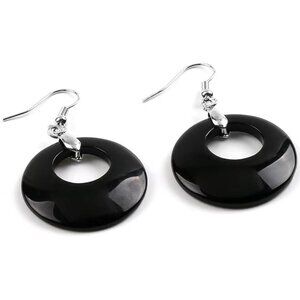 Obsidian Black Natural Stone Gemstone Healing Round Donut Dangle Earrings